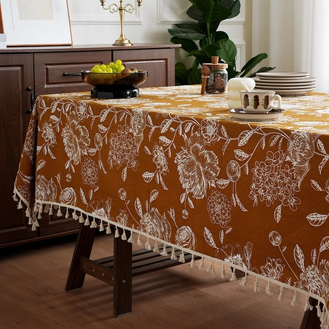 Mantel Rectangular Floral Vintage Con Borlas Deshilachadas Poliéster Grueso Antipolvo Tapete De Escritorio Para Mesa De Comedor Mesa De Centro Decoración