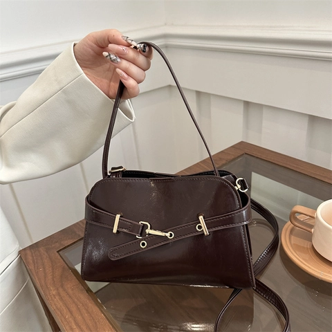 Vintage Glossy PU Leather Handbag For Women Gold Buckle Commuting Crossbody Bag Elegant Small Shoulder Bag Everyday Bag