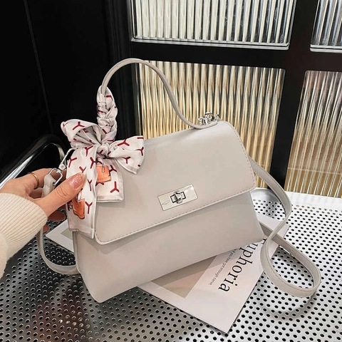 Vintage PU-Lederen Kleine Vierkante Crossbodytas Voor Dames Decoratieve Zijden Sjaal Handvat Metalen Slot Schoudertas