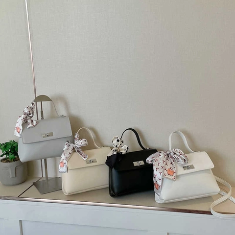 Vintage PU-Lederen Kleine Vierkante Crossbodytas Voor Dames Decoratieve Zijden Sjaal Handvat Metalen Slot Schoudertas