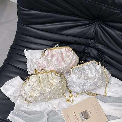 Vintage Künstliche Perle Umhängetasche Schmetterling Stickerei Kussverschluss Muschel Handtasche Satin Abendparty Kette Für Damen