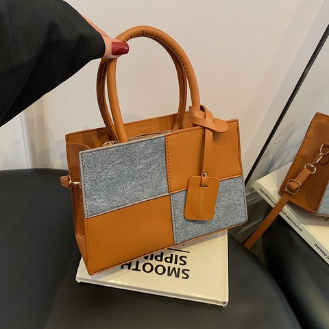 Vintage Patchwork Small Square Bag For Women Trendy PU Leather Denim Contrast Color Crossbody Bag With Top Handle Shoulder Strap