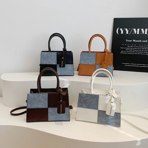 Vintage Patchwork Small Square Bag For Women Trendy PU Leather Denim Contrast Color Crossbody Bag With Top Handle Shoulder Strap