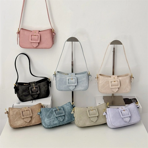 Baguette Tasche PU Leder Denim Textur Unterachsel Umhängetasche Große Schnalle Lässig Trendy Damen