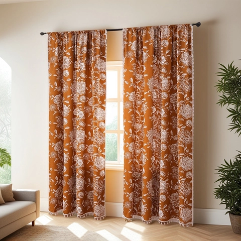 French Vintage Floral Printed Curtains With Tassels Semi Blackout Rod Pocket Window Drapes For Bedroom Living Room Decor