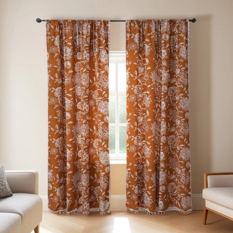 French Vintage Floral Printed Curtains With Tassels Semi Blackout Rod Pocket Window Drapes For Bedroom Living Room Decor