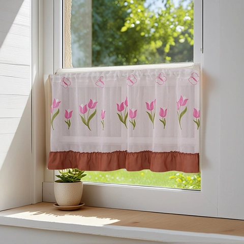 Cafe Curtain Embroidered Tulip Butterfly Sheer Polyester Half Curtain Rod Pocket Ruffled Hem For Kitchen Cabinet Window