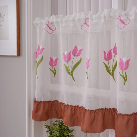 Cafe Curtain Embroidered Tulip Butterfly Sheer Polyester Half Curtain Rod Pocket Ruffled Hem For Kitchen Cabinet Window