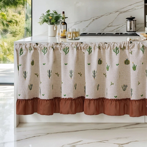 Cabinet Curtain Linen Cotton Cafe Short Curtains Cactus Pineapple Embroidery Ruffled Hem Pastoral Style Dustproof Cover