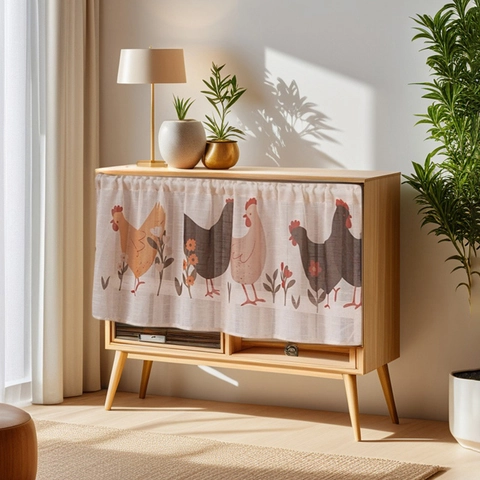 Japanese Style Linen Blend Printed Cabinet Curtain Dustproof Short Door Curtain Pastoral Flower Chicken Pattern Decorative Coffee Curtain For Kitchen Cupboard