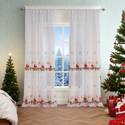 American Style Christmas Sheer Curtains Polyester Embroidery Snowflake Sleigh Candle Holiday Home Window Tulle Decoration