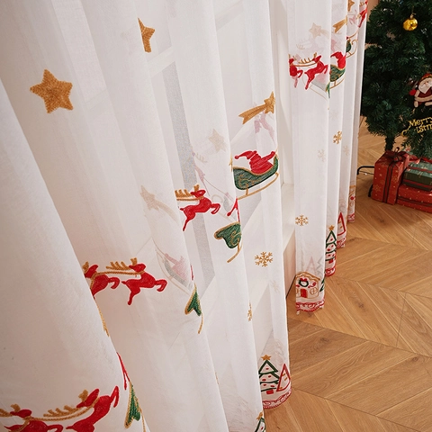 Rideaux Transparents Brodés de Noël Père Noël Traîneau Renne Motif Flocon de Neige Polyester Blanc Semi Obscurcissant Voile pour Maison