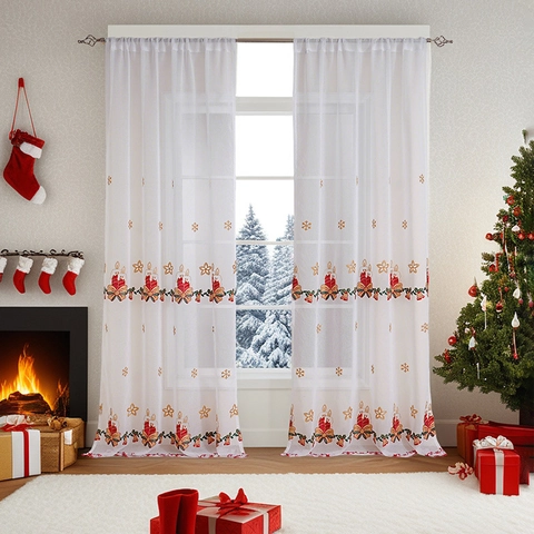 American Style Christmas Sheer Curtains Polyester Embroidery Snowflake Sleigh Candle Holiday Home Window Tulle Decoration