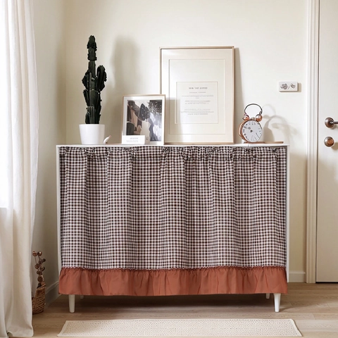 American Style Gingham Cabinet Curtain Ruffle Hem Checker Rod Pocket Cafe Short Curtain For Kitchen Bookshelf Dustproof