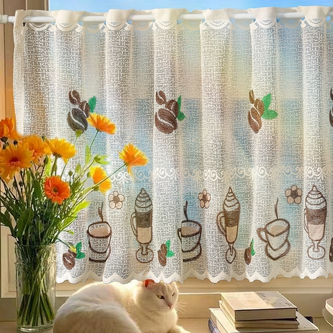 Cafe Curtain Lace Polyester Embroidered Coffee Cups Scalloped Edge Rod Pocket Kitchen Bathroom Window Short Valance