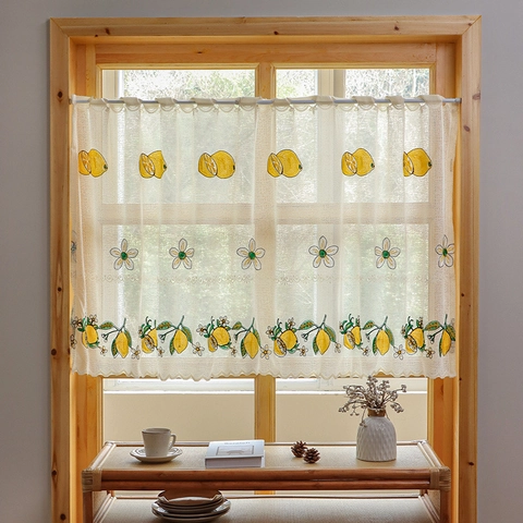 American Pastoral Style Lemon Strawberry Embroidered Coffee Curtain Creamy White Lace Scalloped Edge Short Window Curtain