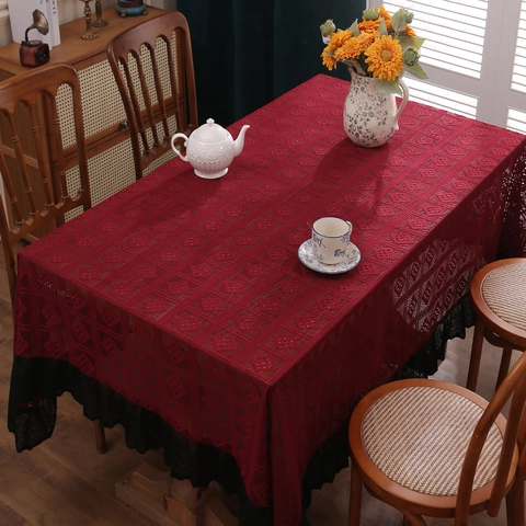 Mantel de Encaje Calado Vintage Poliéster Rectangular Cubierta de Mesa Con Volantes Borlas Para Decoración de Fiesta Hogar