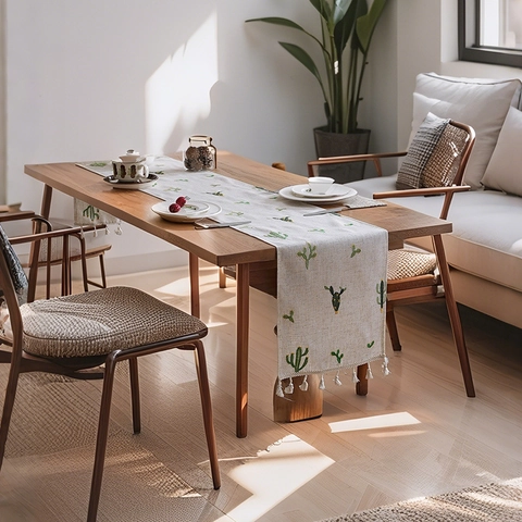 Embroidered Cactus Table Runner Linen Blend Decor With Tassels For Dining Coffee Table Cabinet Nordic Rural Minimalist