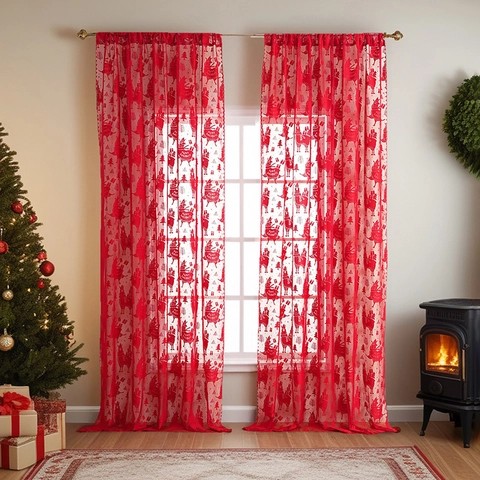 Christmas Curtains Sheer Lace Panels Llama Alpaca Pattern Festive Holiday Window Decor Rod Pocket Elegant