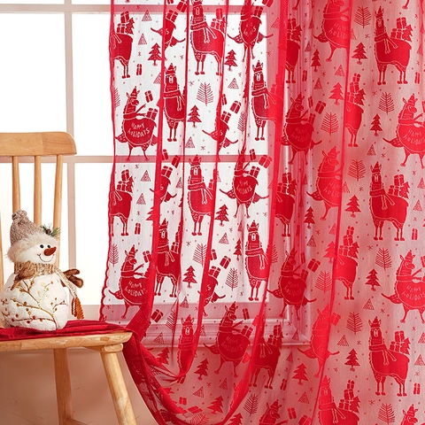 Christmas Curtains Sheer Lace Panels Llama Alpaca Pattern Festive Holiday Window Decor Rod Pocket Elegant