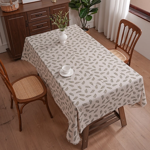 Willow Leaf Print Tablecloth Cotton Linen Blend Tassel Fringe Rectangle Pastoral Forest Style Table Cover Dustproof Decor