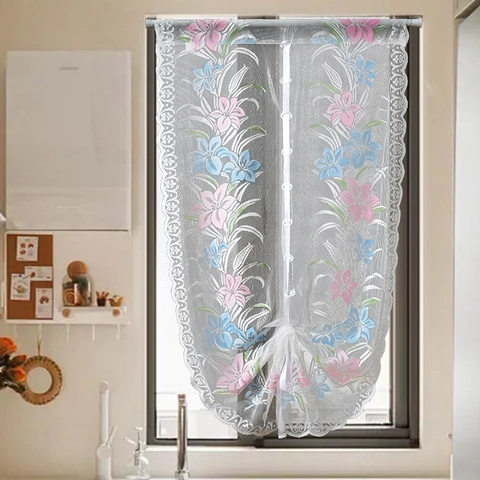 American Pastoral Lace Pull Up Curtain Embroidered Lily Flower Polyester Roman Valance For Window Home Bedroom Kitchen Decor