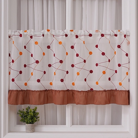 Pastoral Polyester Floral Embroidery Coffee Curtain Short Window Curtain For Kitchen Bathroom Decorative Ruffle Trim Drapery