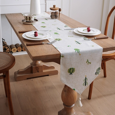 Embroidered Table Runner Linen Blend Cactus Wheat Pattern With Tassels Nordic Rural Style Home Kitchen Decor