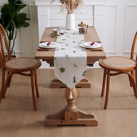 Camino de Mesa Pastoral Bordado Mezcla de Lino y Poliéster Con Borlas Patrón de Cactus Trigo Decorativo para Comedor