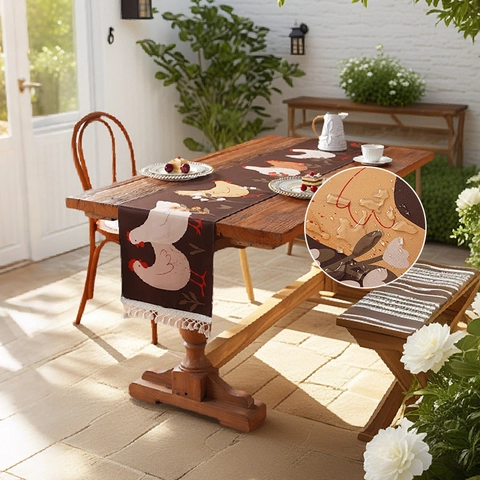 Pastorale Waterdichte Polyester Tafelloper Met Kwastjes Haan Cactus Bloemen Print Voor Eetkamer Thuis Decoratie