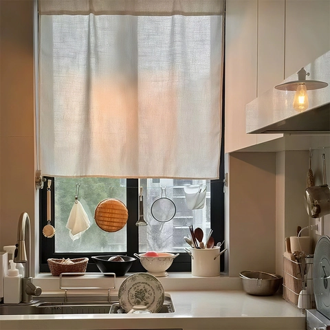 Japanese Minimalist Linen Blend Cafe Curtains Solid Color Semi-Sheer Rod Pocket Door Curtains For Kitchen Sink Decoration