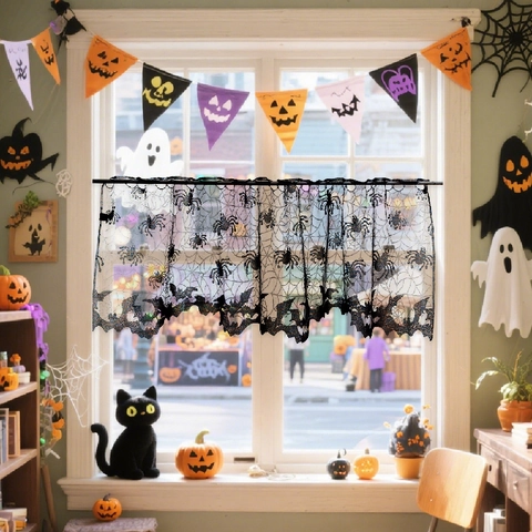 Halloween Black Lace Spider Web Valance Gothic Bat Curtain For Party Home Window Decoration Scarf Door Decor Mantel Runner