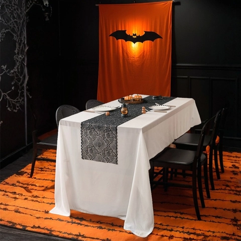 Halloween Tafelloper Zwart Kant Spinnenweb Patroon Hol Decoratieve Haardsjaal Huis Feest Decoratie Textiel