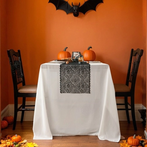 Halloween Tafelloper Zwart Kant Spinnenweb Patroon Hol Decoratieve Haardsjaal Huis Feest Decoratie Textiel