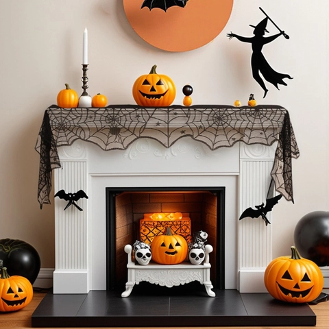 Runner Da Tavola Ragnatela Halloween Pizzo Nero Poliestere Decorazione Per Camino Tema Della Festa Orrore Gotico Interno