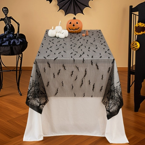 Tovaglia Halloween Pizzo Nero Poliestere Rete Rettangolare Pipistrello Scheletro Decorazione Festa Casa