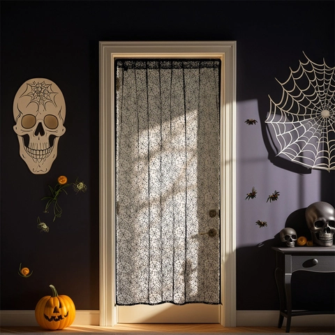 Halloween Lace Door Curtain Spider Web Design Polyester Sheer Panel For Festive Party Haunted House Decor