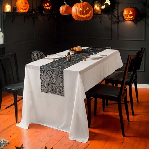 Halloween Kant Tafelloper Zwart Polyester Opengewerkt Spinnenweb Sjaal Voor Open Haard Feest Dineren Huis Vakantie Decoratie