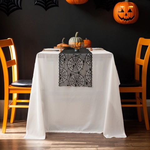 Halloween Schwarz Spitze Tischläufer Spinnennetz Geisterhand Gothisch Hohl Polyester Tischdecke Für Party Zuhause Küche Deko