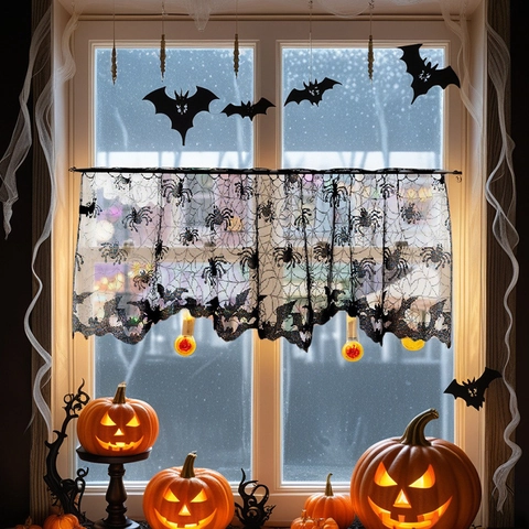 Halloween Black Lace Spider Web Valance Gothic Bat Curtain For Party Home Window Decoration Scarf Door Decor Mantel Runner