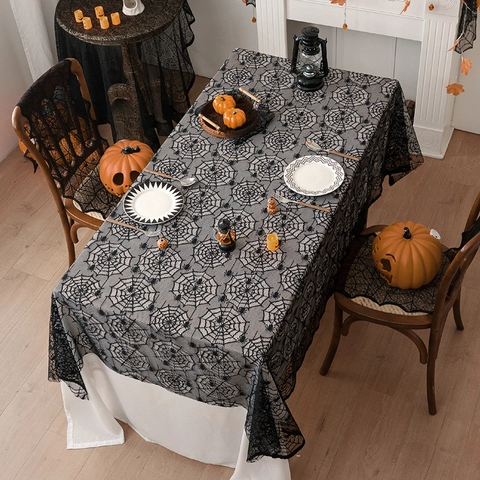 Halloween Nappe en Dentelle Noire Toile d'Araignée Rectangulaire en Polyester pour Décoration de Table de Fête Maison Hantée