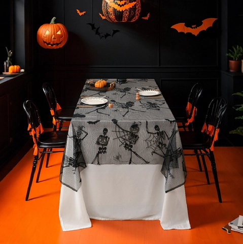 Halloween Black Lace Tablecloth Gothic Skull Bat Spiderweb Gauze Rectangular Table Cover For Haunted House Party Decor Home