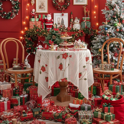 Weihnachts Tischdecke Polyester Spitze Rot Weihnachtsstern Stickerei Hohl Design Elegant Urlaub Dekoration