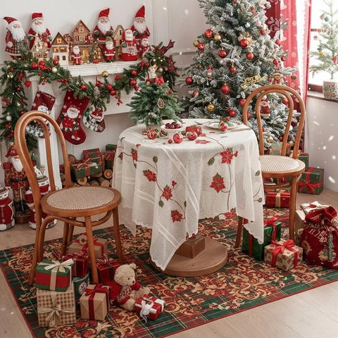 Weihnachts Tischdecke Polyester Spitze Rot Weihnachtsstern Stickerei Hohl Design Elegant Urlaub Dekoration