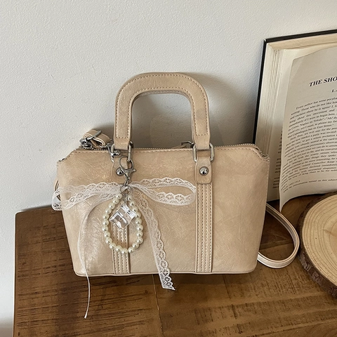 Bolso Bombonera de Cuero PU Retro Dulce para Mujer Bolso de Mano Bandolera Minimalista Con Lazo de Encaje Colgante de Perla Artificial Pequeño