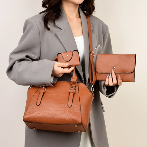 Fashion Crocodile Pattern Women Tote Bag And Messenger Bag And Pouch Set PU Leather Commute Handbag Shoulder Bag Set