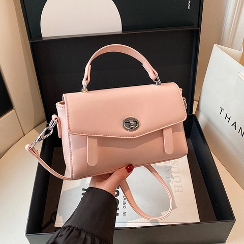 PU Leather Messenger Crossbody Bag With Top Handle Metal Turn Lock Simple Elegant Small Square Daily Travel For Women