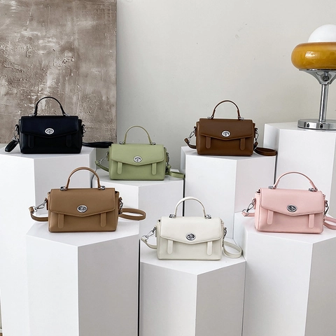 PU Leather Messenger Crossbody Bag With Top Handle Metal Turn Lock Simple Elegant Small Square Daily Travel For Women