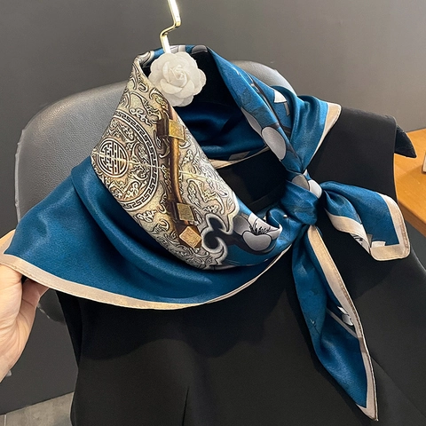 Pañuelo Cuadrado de Seda de Mora Elegante para Mujer Pañuelo de Cuello de Satén Azul con Estampado de Magnolia Vintage Accesorio de Seda