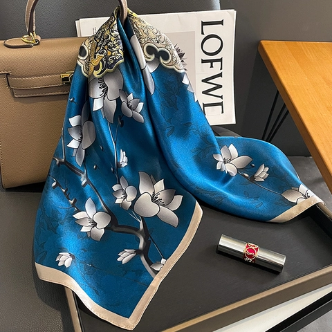 Pañuelo Cuadrado de Seda de Mora Elegante para Mujer Pañuelo de Cuello de Satén Azul con Estampado de Magnolia Vintage Accesorio de Seda